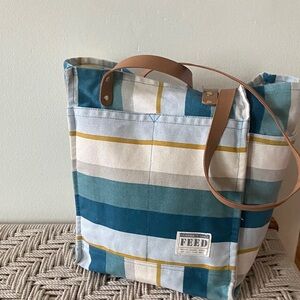 FEED Striped Canvas Tote in Teal, Blue, Cream and Mustard